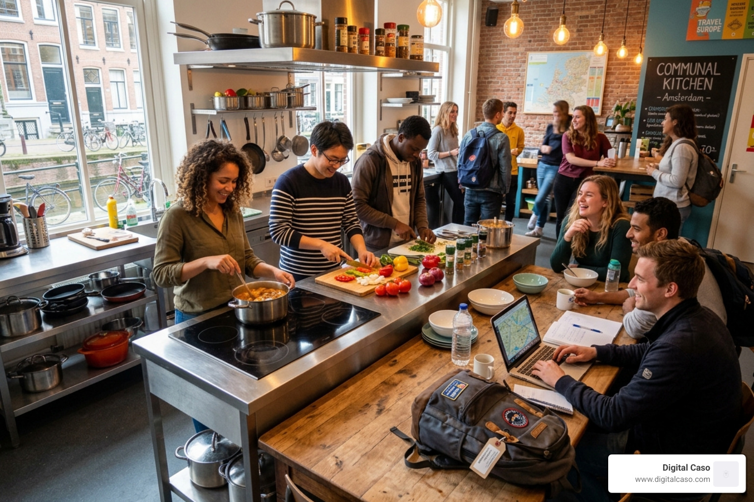 A modern hostel communal kitchen where students are cooking and socializing - student hostels in amsterdam