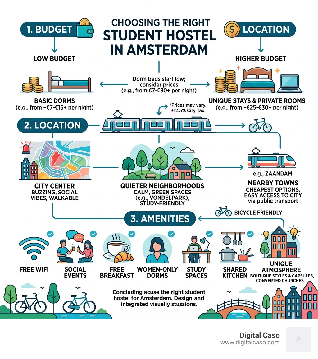 Infographic showing how to choose the right student hostel in Amsterdam by budget, location, and amenities - student hostels