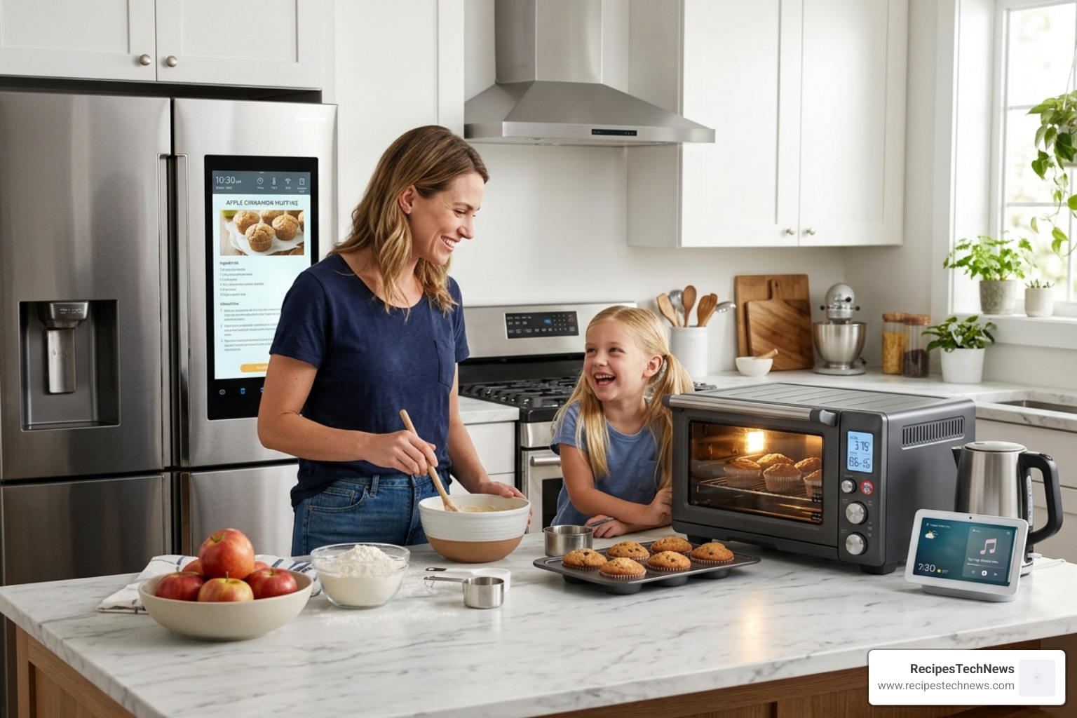 Consumer comparing smart appliance specifications on a tablet in a modern kitchen showroom - smart devices for kitchen
