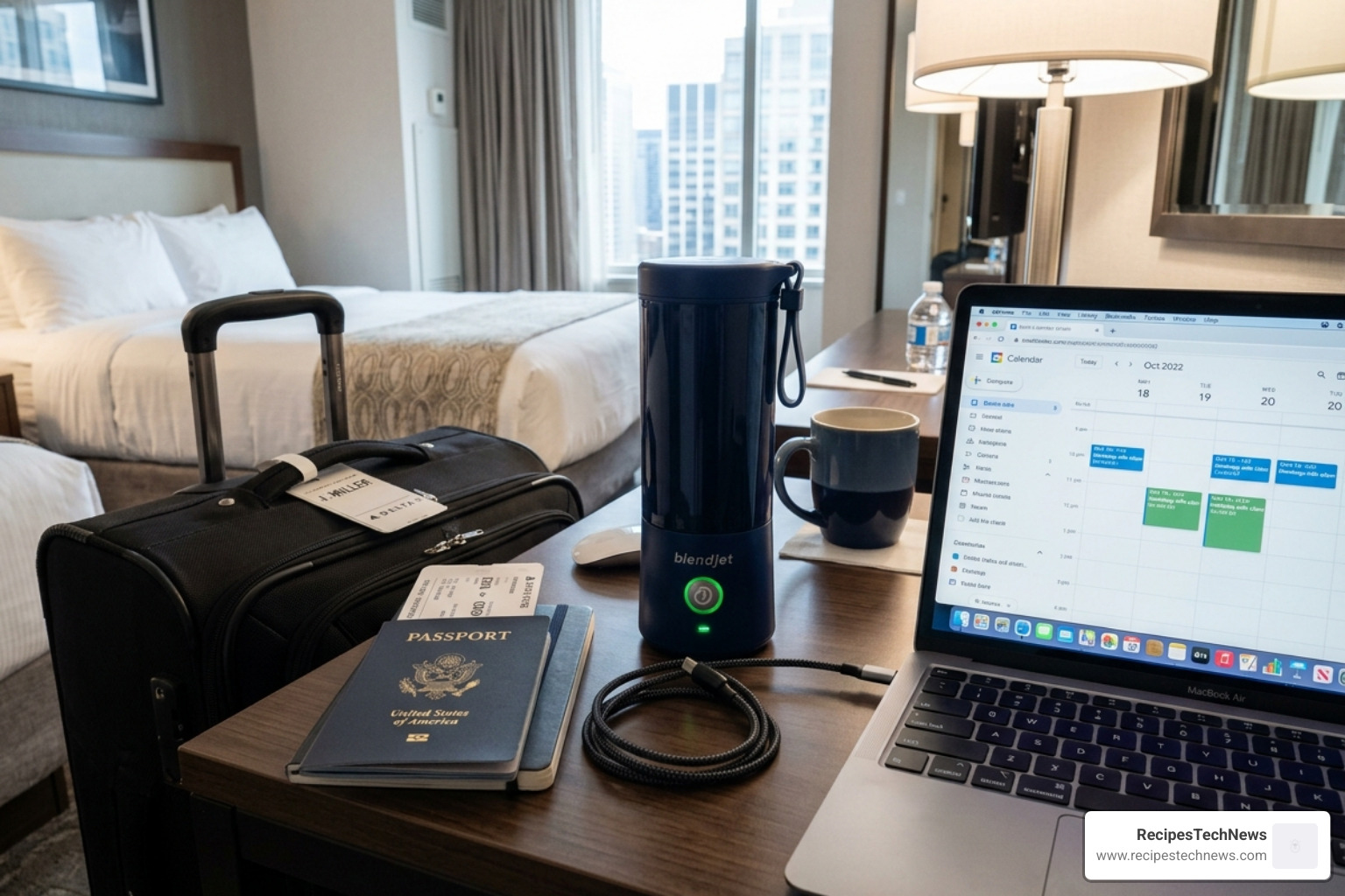 portable blender charging via a laptop USB-C port during travel - portable blender for travel