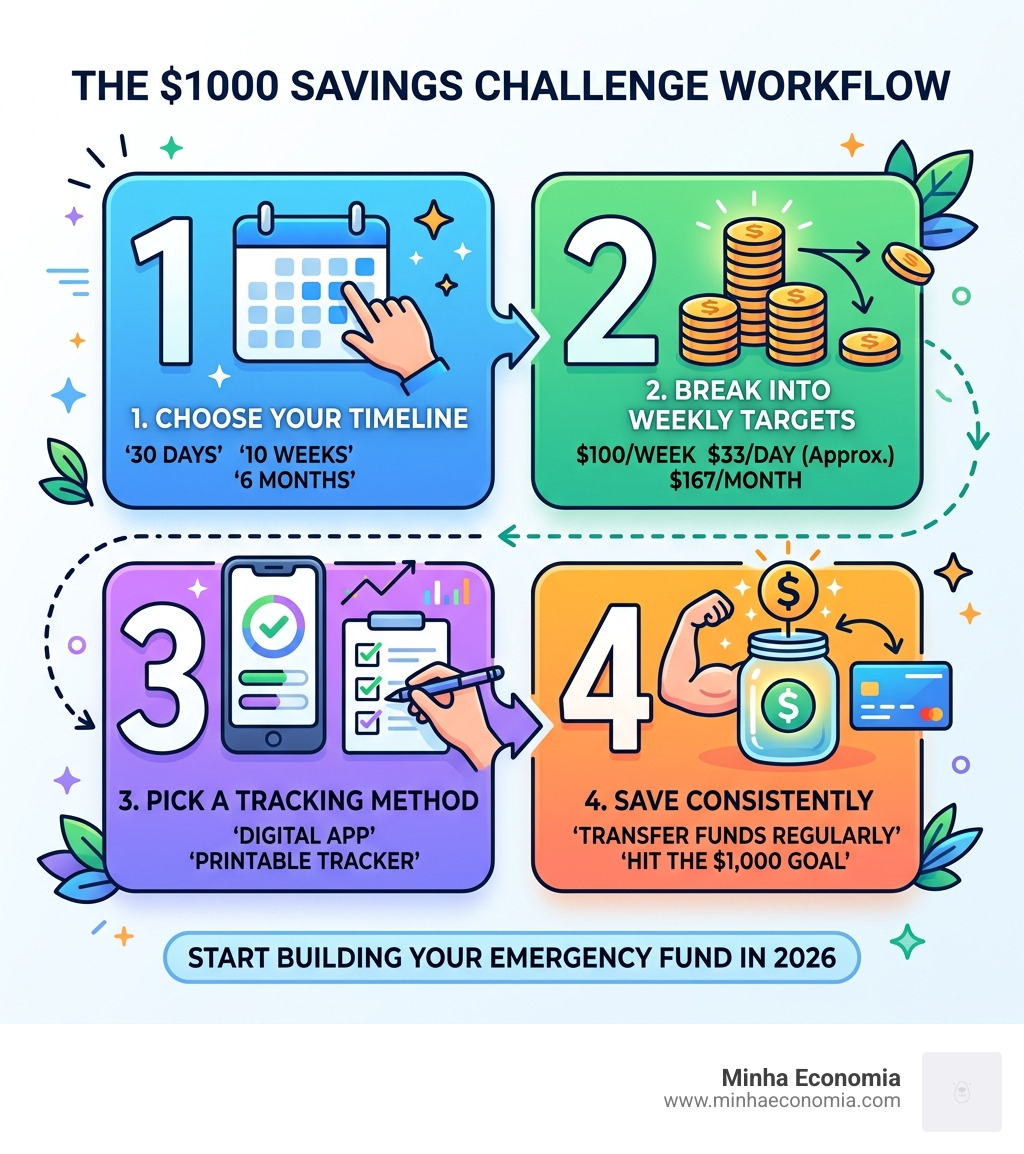 Infographic showing the $1000 savings challenge workflow: choose a timeline, break into weekly targets, pick a tracking