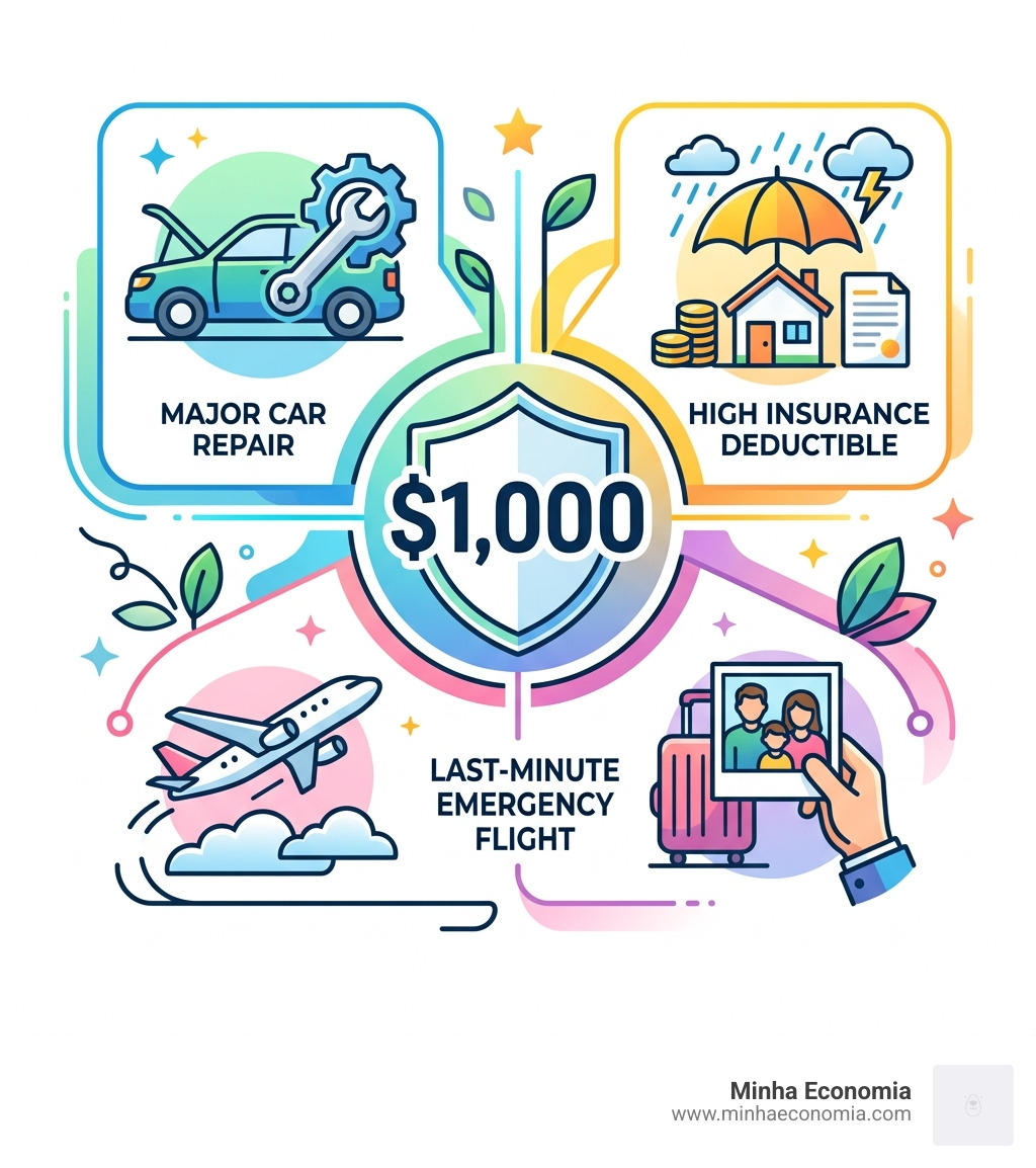Infographic showing that $1000 can cover: a major car repair, a high insurance deductible, or a last-minute flight for a