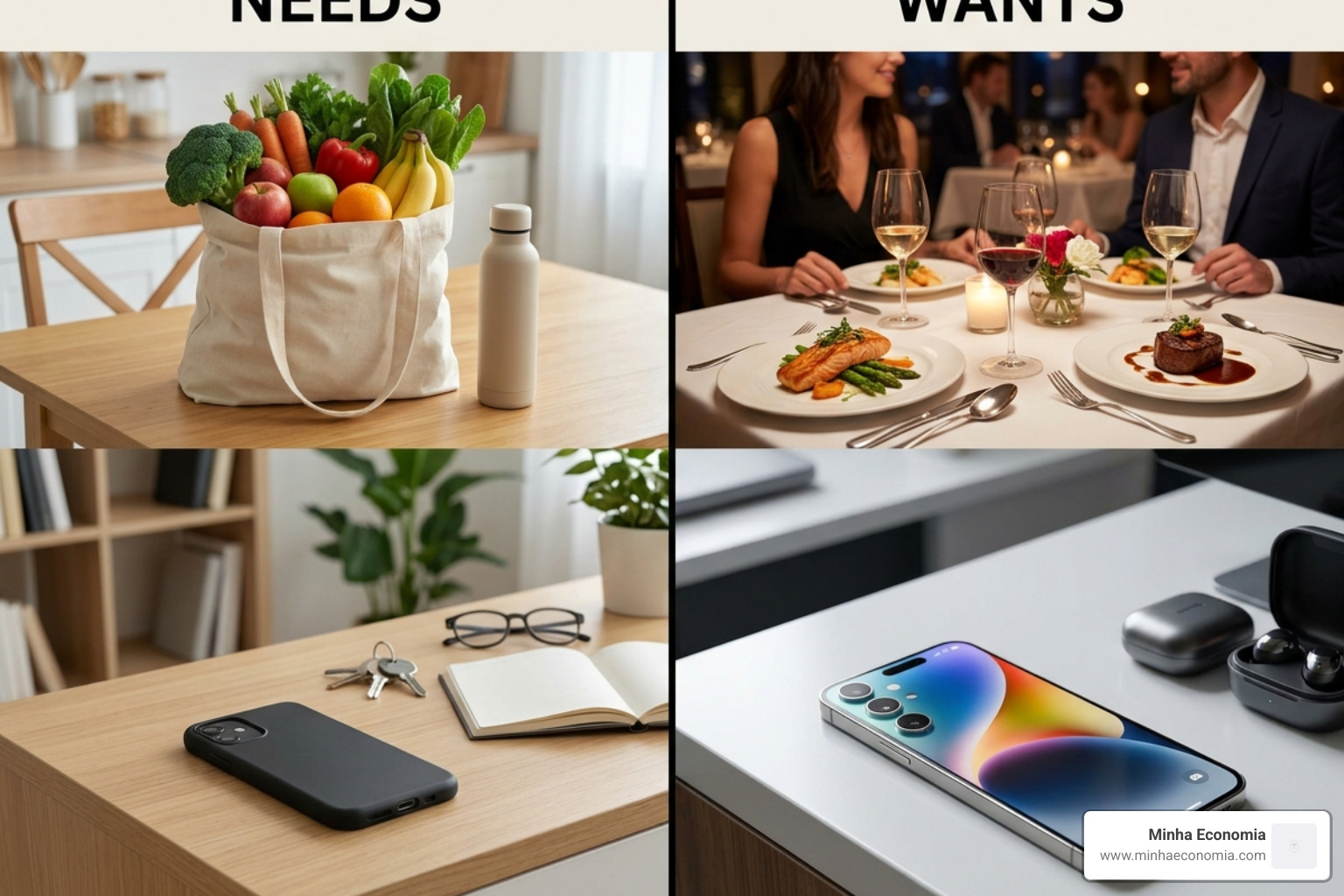 Needs vs. Wants: Food is a need, dining out is a want. A phone is a need, the latest Pro Max is a want. - saving money tips