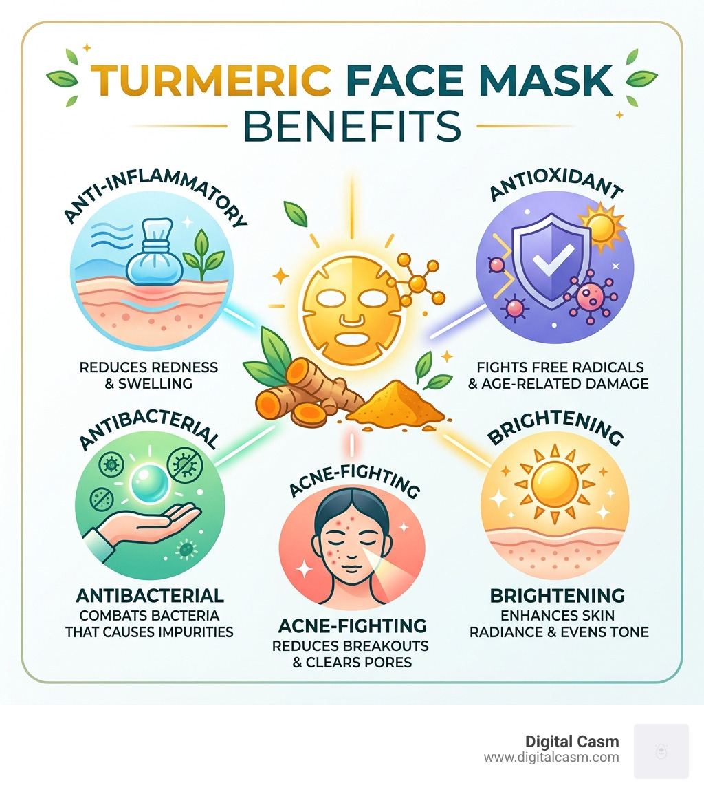 Infographic showing turmeric face mask skin benefits: anti-inflammatory, antioxidant, antibacterial, acne-fighting