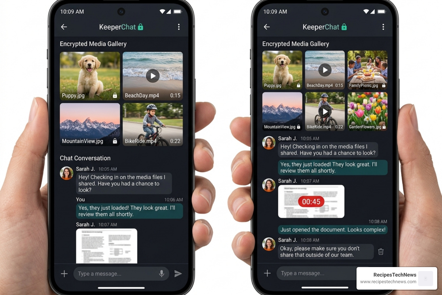 KeeperChat interface showing secure gallery and self-destructing messages - encrypted messaging app reviews
