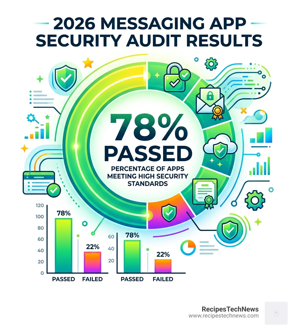Infographic showing the percentage of apps that passed 2026 security audits - encrypted messaging app reviews infographic 