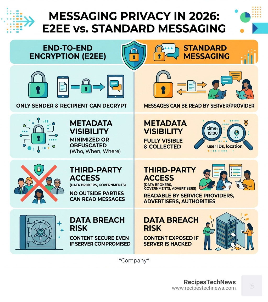 Infographic comparing end-to-end encryption vs standard messaging with key privacy criteria for 2026 - encrypted messaging