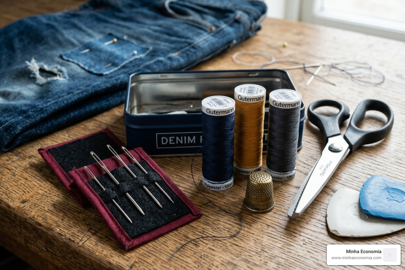 sewing kit with heavy-duty needles and denim thread - sewing patches on denim