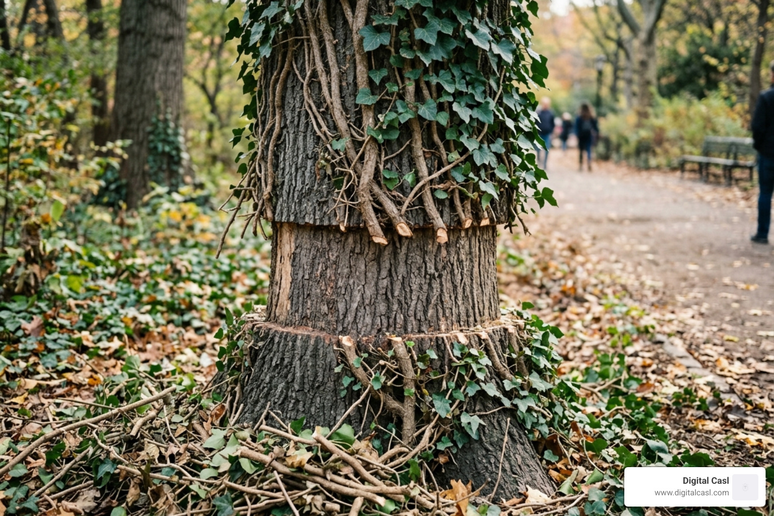 survival ring cut around an ivy covered tree - ivy plant pest control