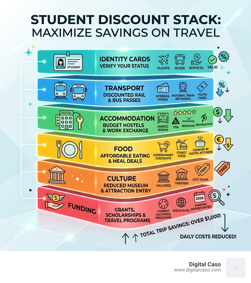 6-layer student discount stack infographic showing identity cards, transport, accommodation, food, culture, and funding