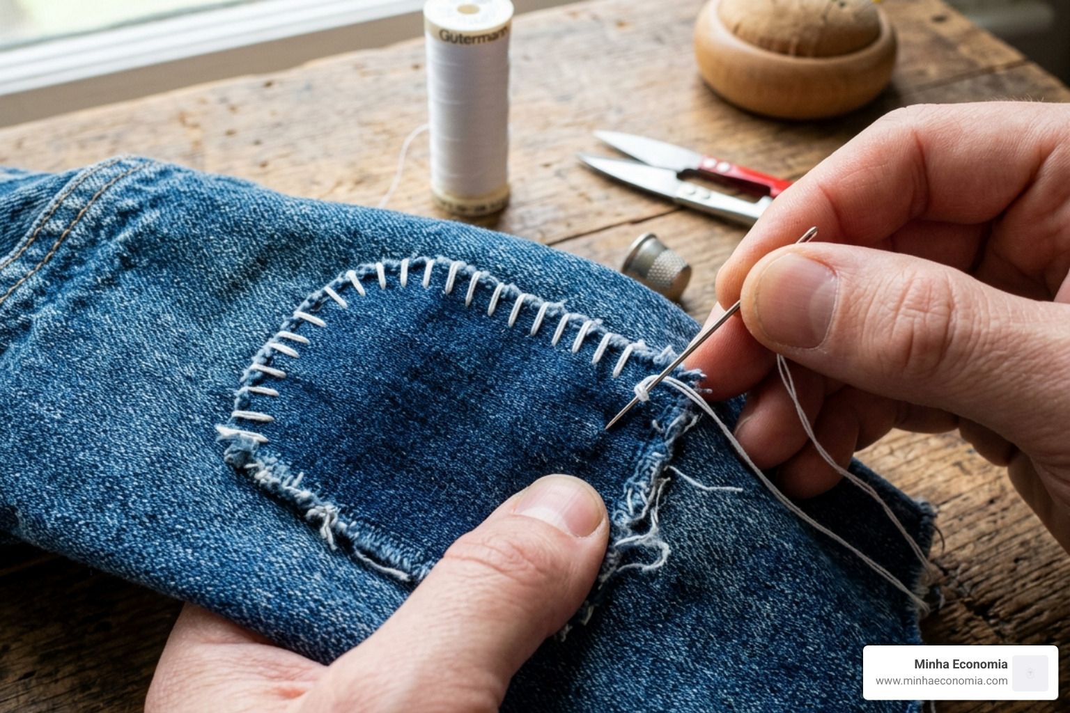 whip stitch being applied to a patch edge - sewing patches on denim