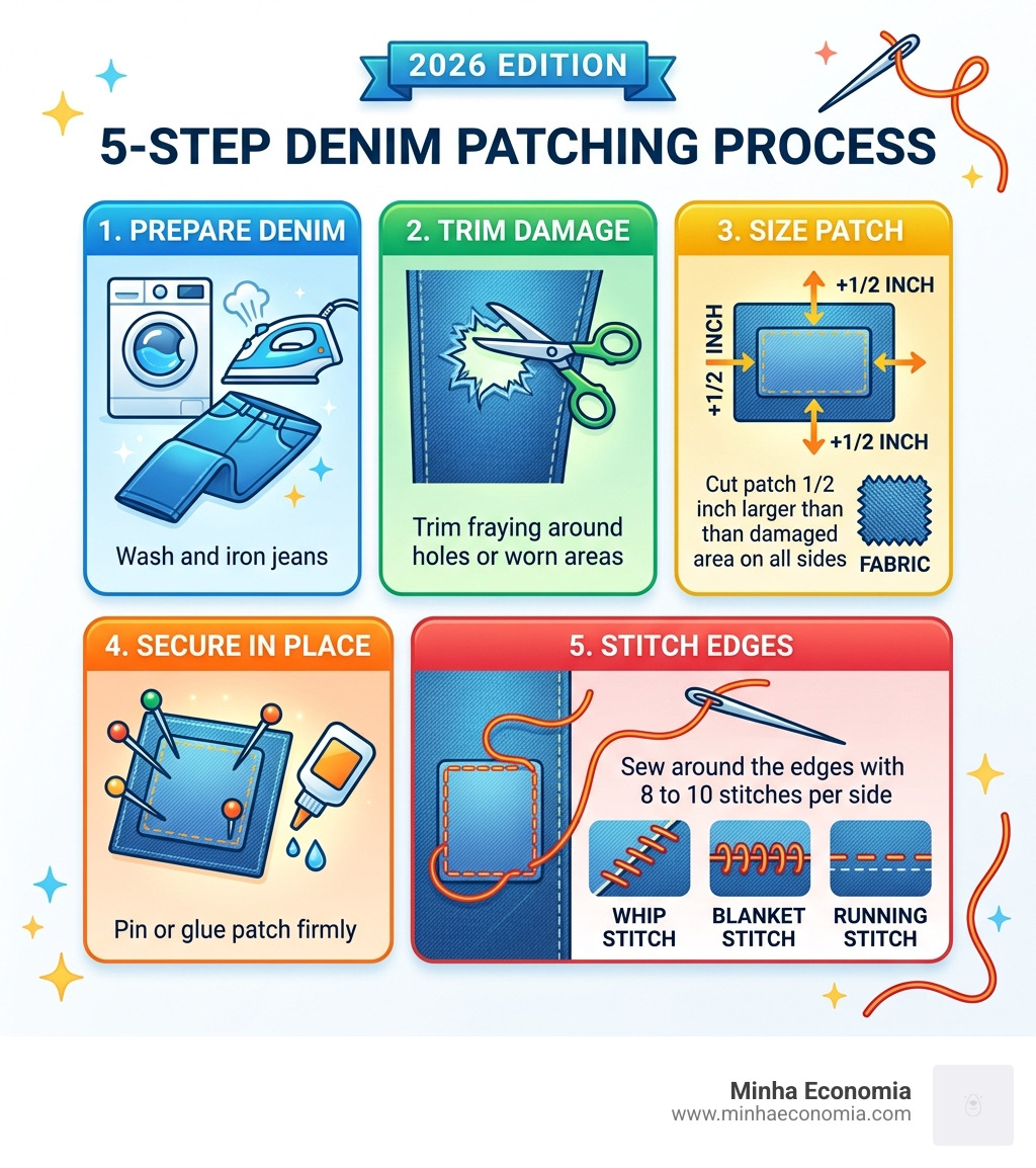 5-step denim patching process infographic with tools, patch sizing, and stitch types - sewing patches on denim infographic 