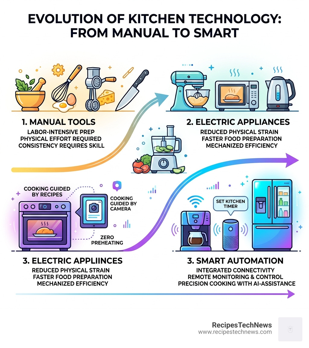 Evolution of kitchen technology from manual tools to smart automation infographic - best gadget cooking hacks infographic 