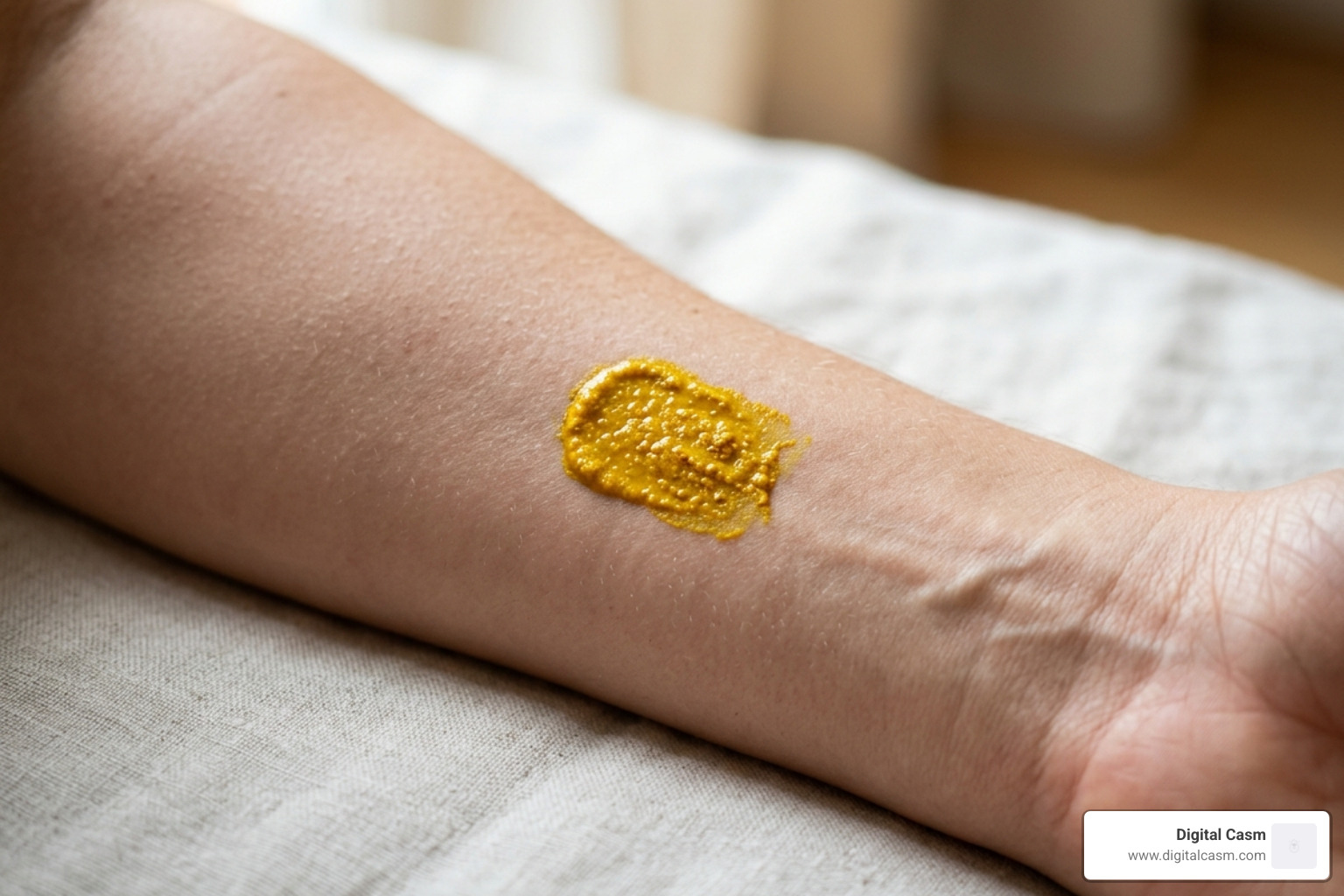 Patch testing a turmeric mixture on the inner arm to check for irritation or staining - turmeric face mask for clear skin