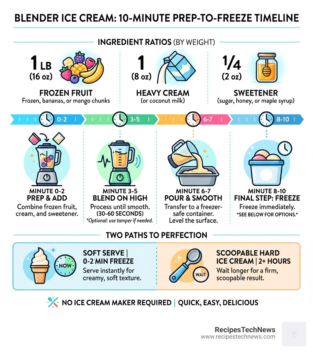 Infographic showing blender ice cream 10-minute prep-to-freeze timeline with key steps and ingredient ratios - blender ice