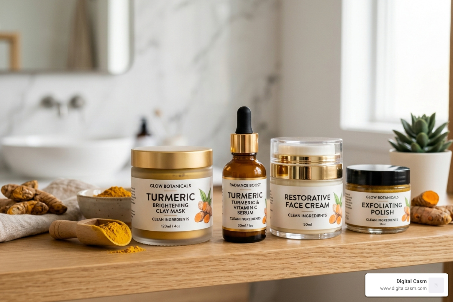 A display of professional turmeric skincare products including clay masks and serums - turmeric face mask for clear skin