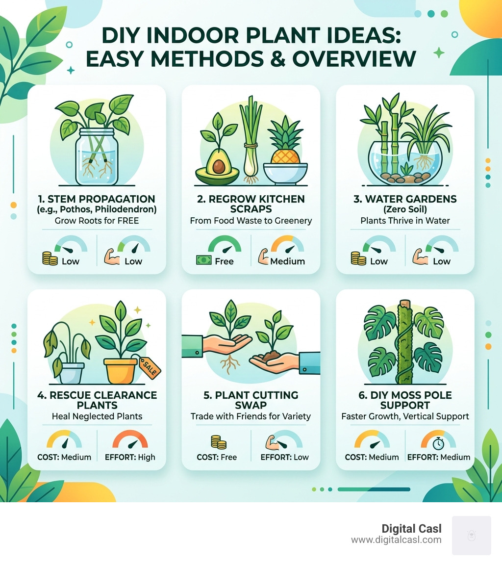 DIY indoor plant ideas overview infographic with methods, cost, and effort levels - diy indoor plants infographic 