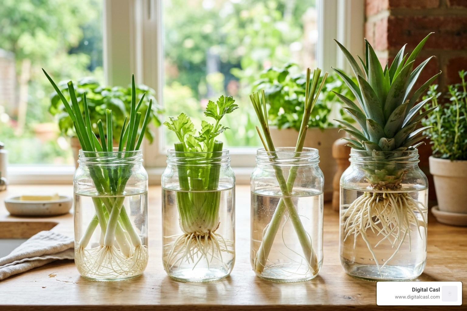 kitchen scraps regrowing in jars - diy indoor plants