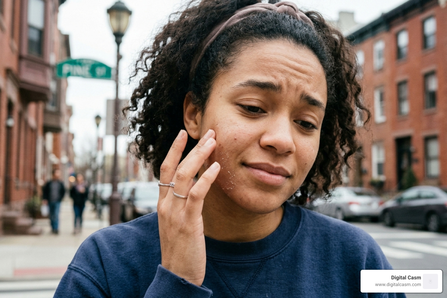 person gently touching dry facial skin - diy face scrub for peeling skin