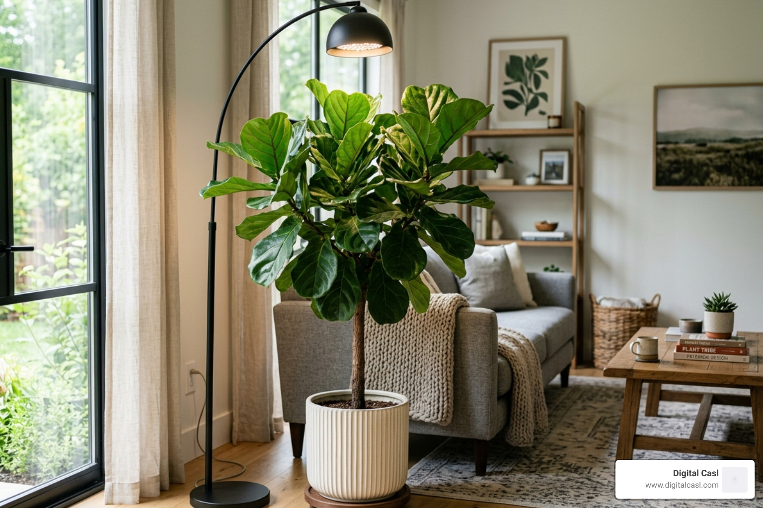 A healthy Fiddle Leaf Fig with large, vibrant leaves thriving under a decorative floor-standing grow light - decorative grow