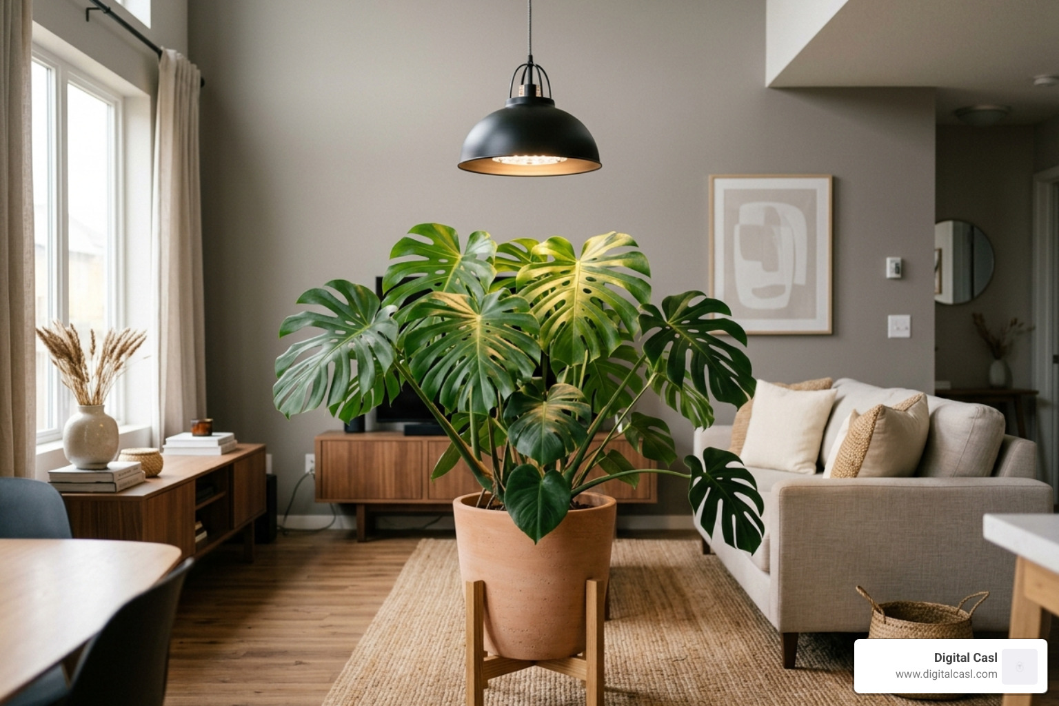 Hanging pendant grow light positioned 18 inches above a large Monstera Deliciosa in a modern living room - decorative grow