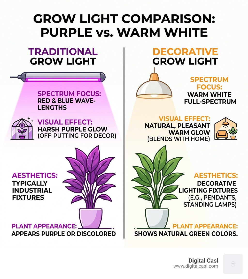 Comparison infographic: purple-spectrum traditional grow light vs warm white decorative full-spectrum grow light