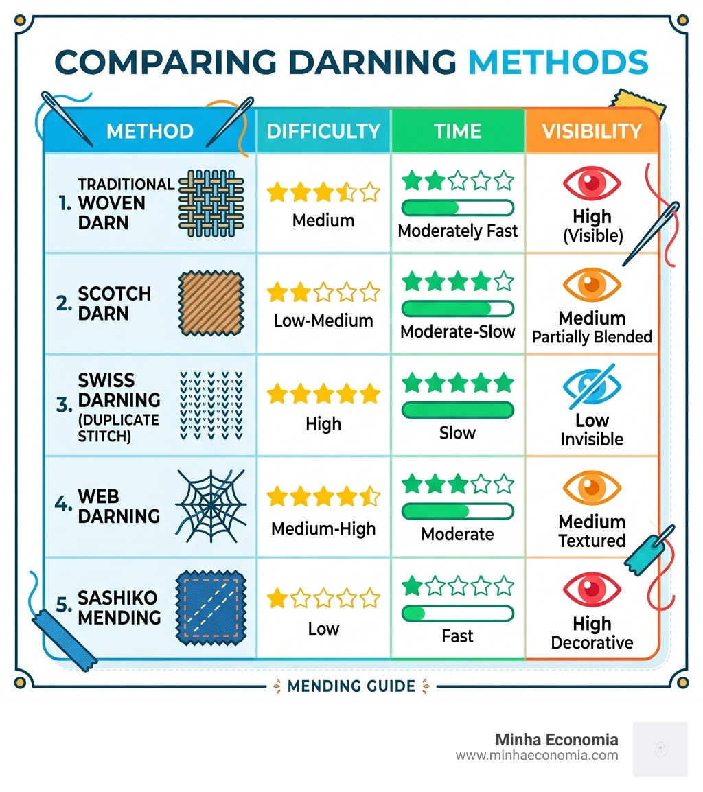 Table comparing darning methods by difficulty, time, and visibility - darning methods infographic 
