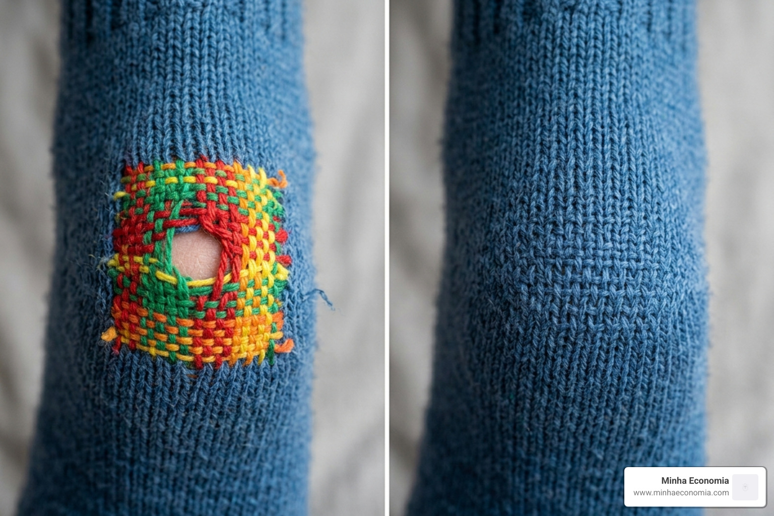 Side-by-side of visible mending with bright colors and invisible mending with matched thread - darning methods