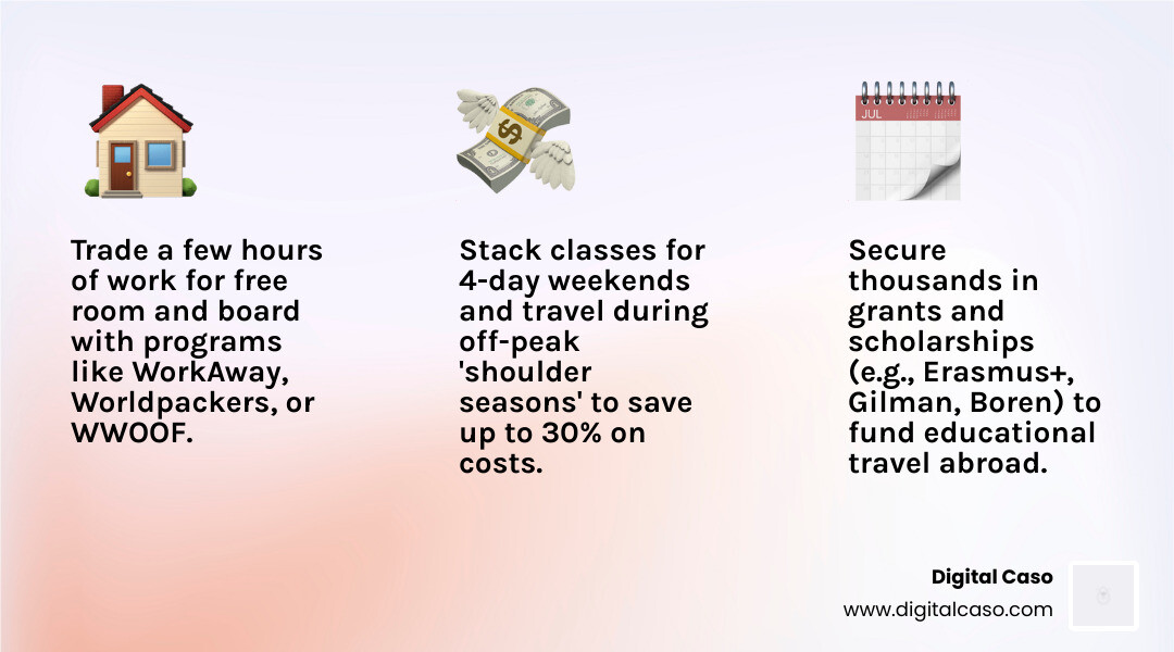Daily travel budget infographic comparing tourist costs vs student stack costs - cheap travel options for students