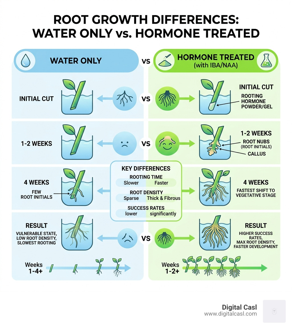 Infographic showing the difference in root growth between water-only and hormone-treated cuttings - best plant rooting