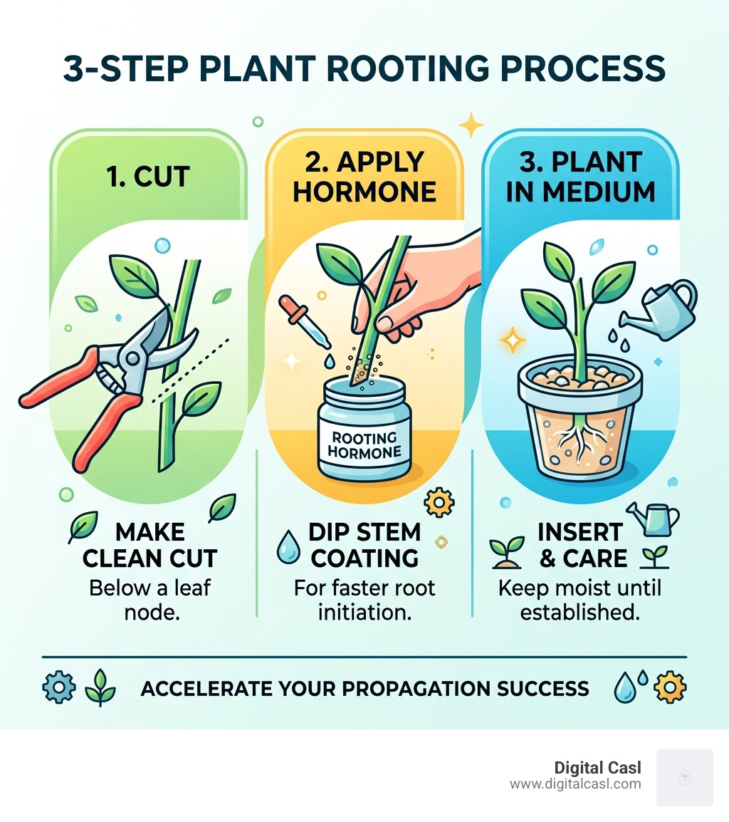 3-step rooting process infographic: cut, apply hormone, plant in medium - best plant rooting hormone infographic 