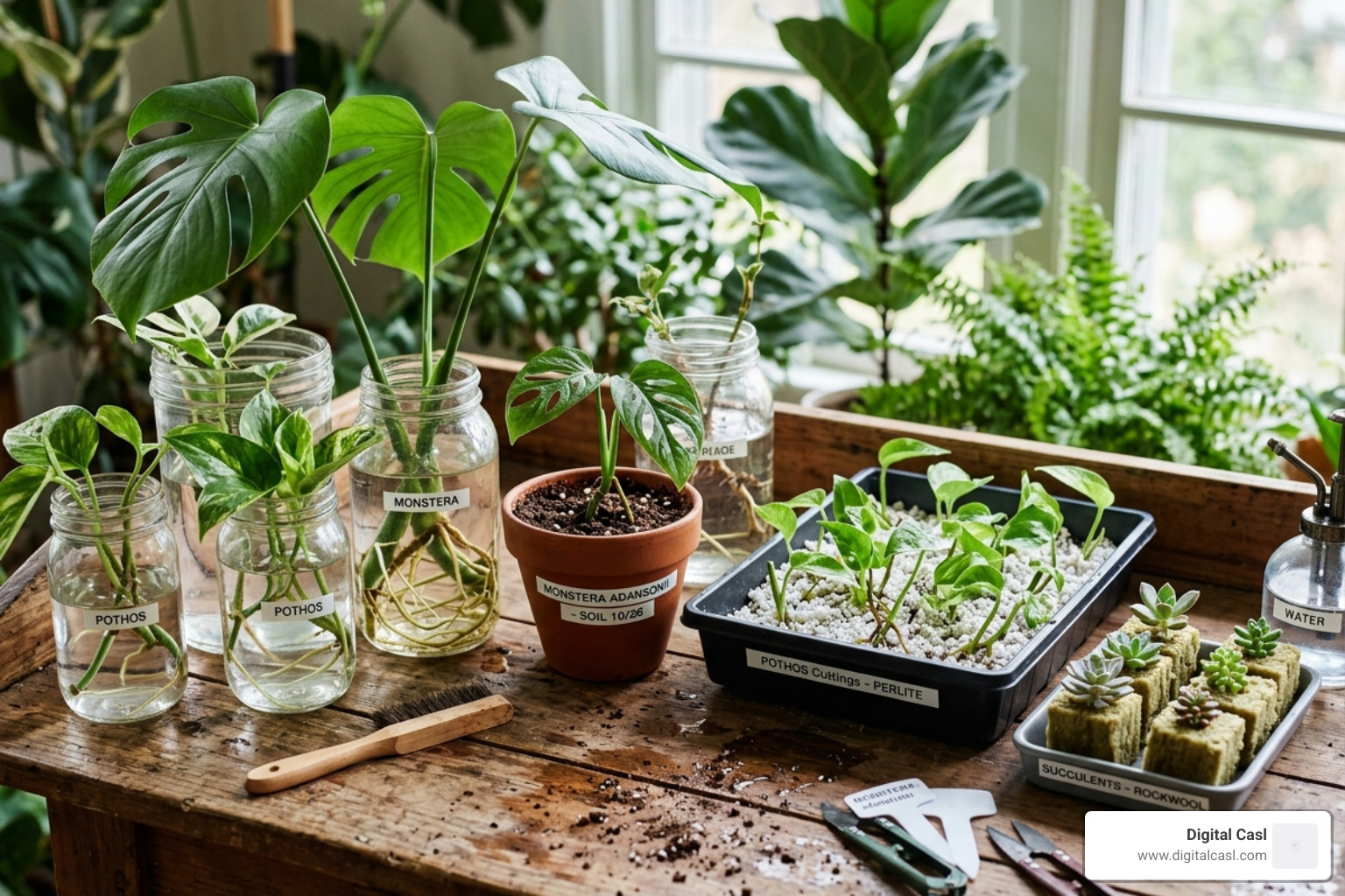 variety of houseplants being propagated in different mediums - best plant rooting hormone