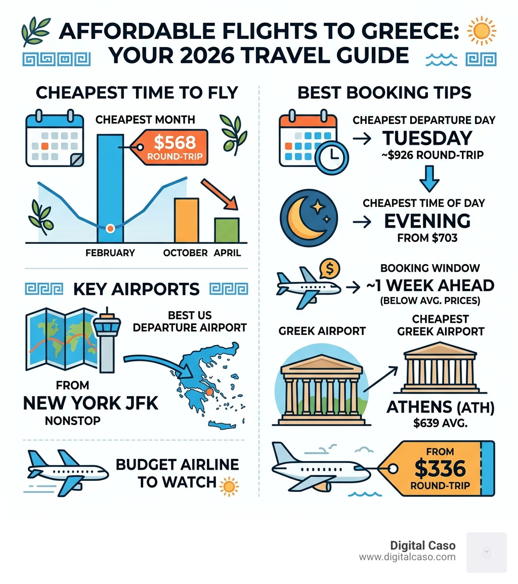 Infographic showing cheapest months, days, airports, and booking tips for flights to Greece - affordable flights to greece