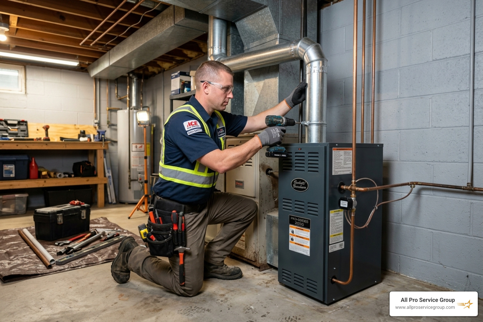 HVAC technician installing a new residential oil furnace unit - oil furnace installation cost HVAC technician installing a new residential oil furnace unit - oil furnace installation cost