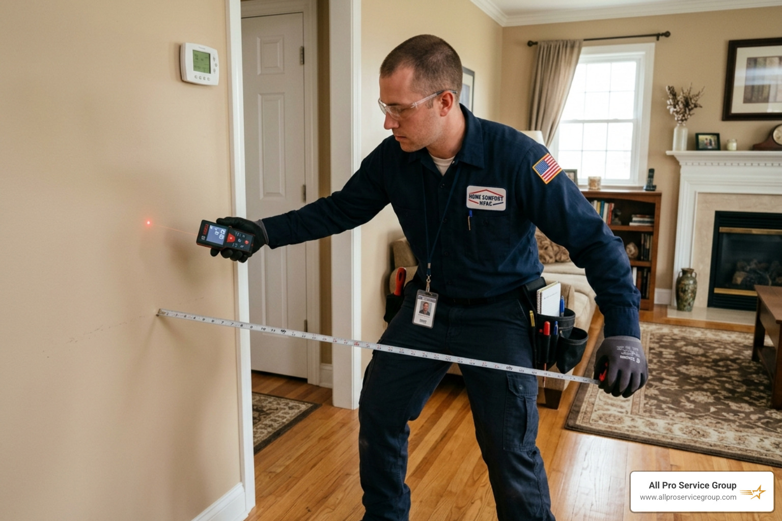 HVAC technician measuring home dimensions for BTU requirements - oil furnace installation cost HVAC technician measuring home dimensions for BTU requirements - oil furnace installation cost
