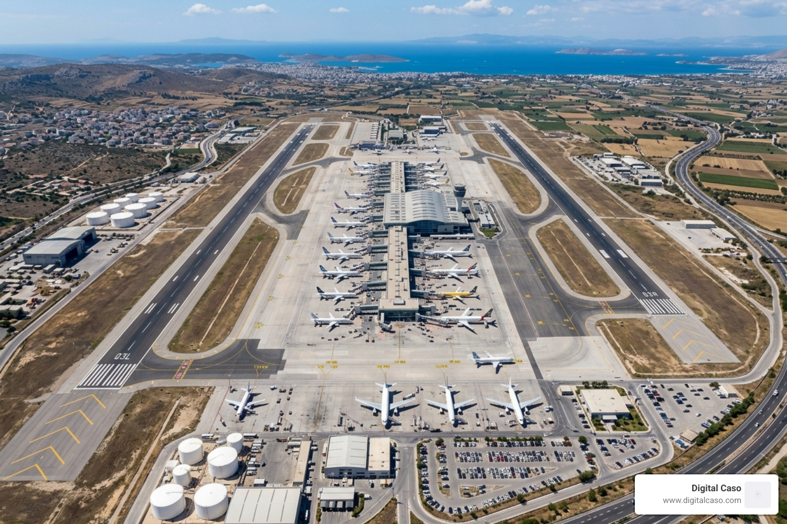An aerial view of Athens International Airport hubs - affordable flights to greece