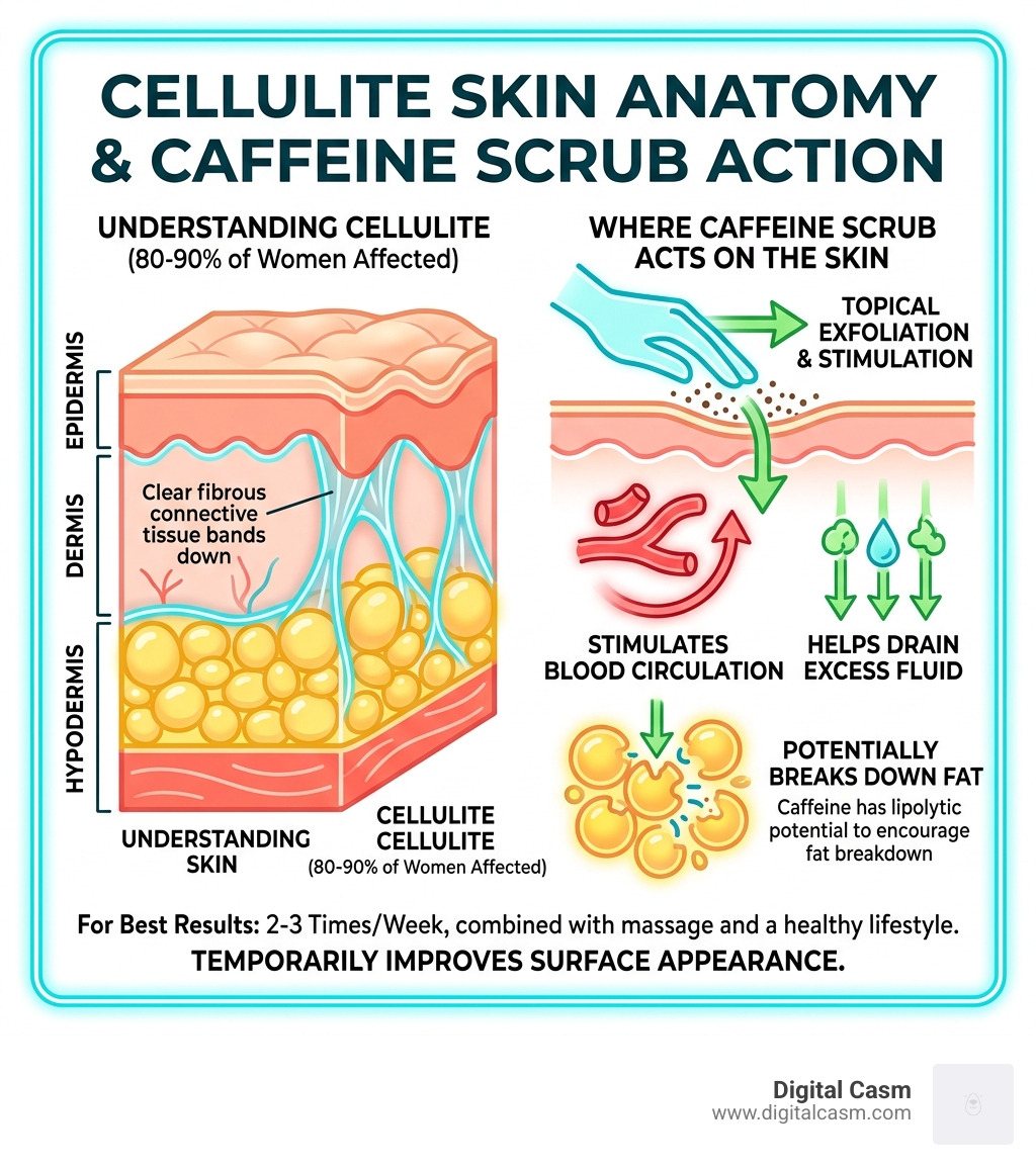 Infographic showing anatomy of cellulite skin layers and where caffeine scrub acts on the skin - caffeine scrub for