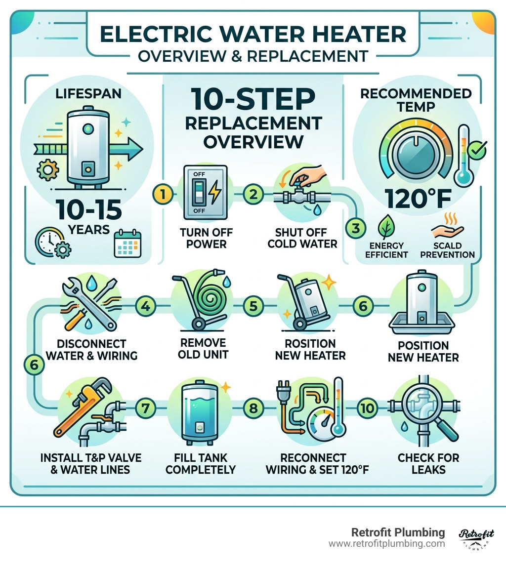 Infographic showing 10-15 year lifespan of electric water heaters, 10-step replacement overview, and 120°F setting Infographic showing 10-15 year lifespan of electric water heaters, 10-step replacement overview, and 120°F setting