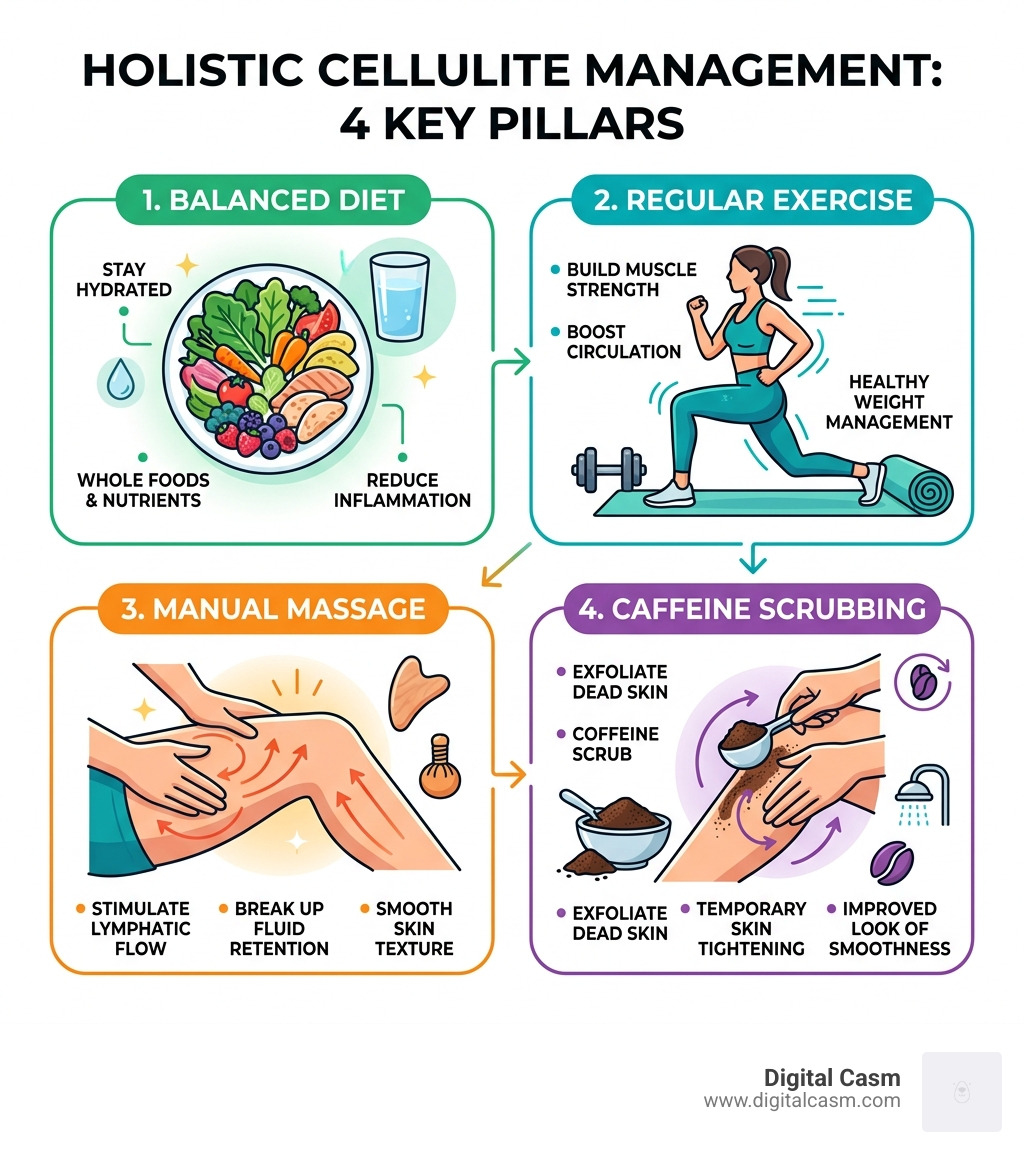 Infographic of holistic cellulite management: Diet, Exercise, Massage, and Scrubbing - caffeine scrub for cellulite
