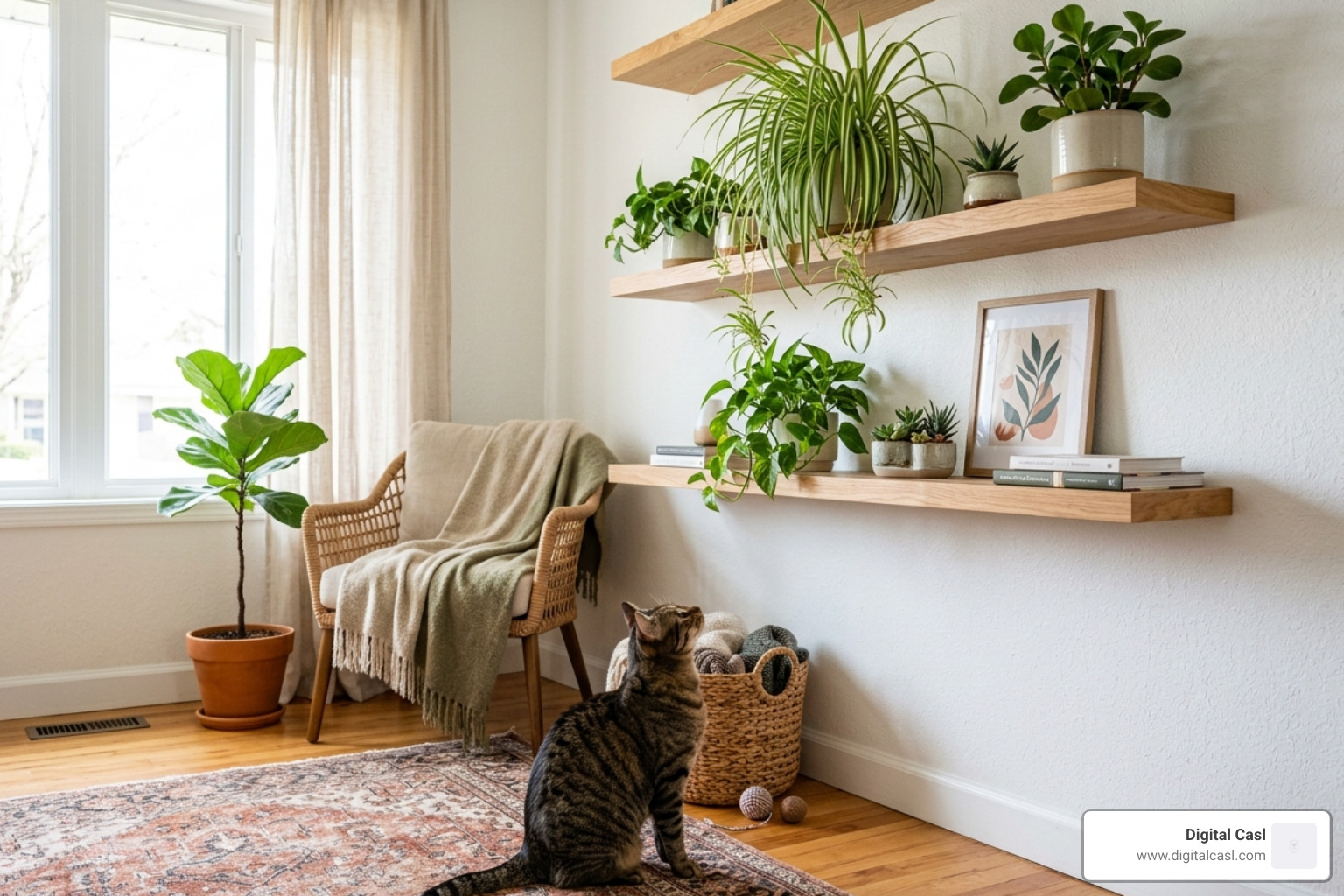 Plants placed safely on high floating shelves out of reach of a curious cat - air cleaning plants safe for cats