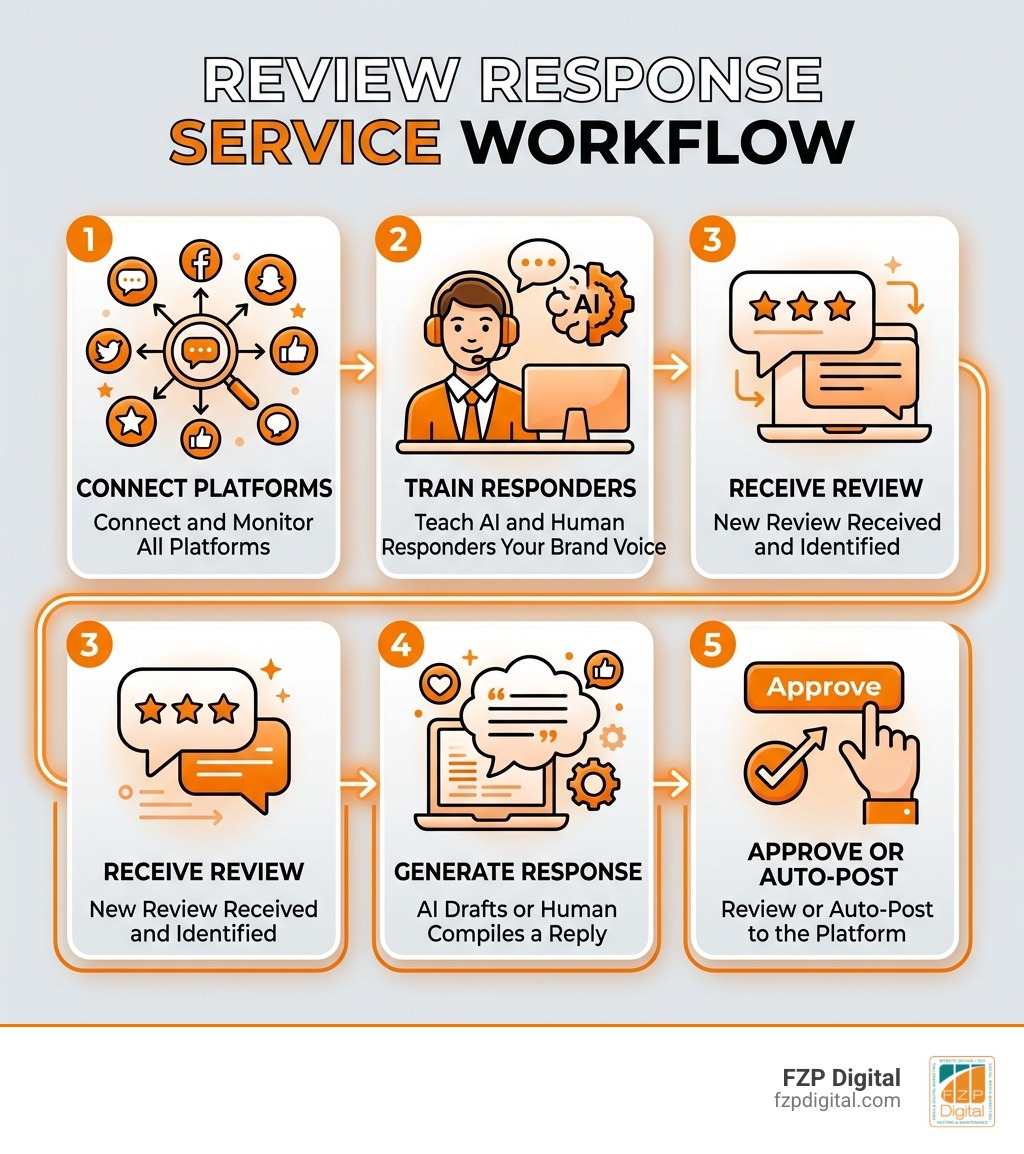 Step-by-step workflow of a review response service: connect platforms, train AI/human responders, receive review, generate Step-by-step workflow of a review response service: connect platforms, train AI/human responders, receive review, generate