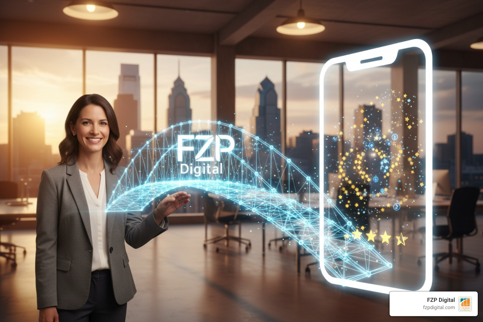 A digital bridge connecting a business owner in Philadelphia to a customer review with the FZP Digital logo - review A digital bridge connecting a business owner in Philadelphia to a customer review with the FZP Digital logo - review