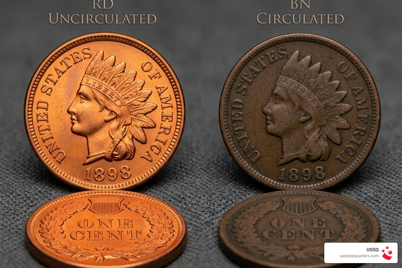 Comparison of Red vs Brown 1898 Indian Head Pennies showing oxidation differences - indian head penny 1898 Comparison of Red vs Brown 1898 Indian Head Pennies showing oxidation differences - indian head penny 1898