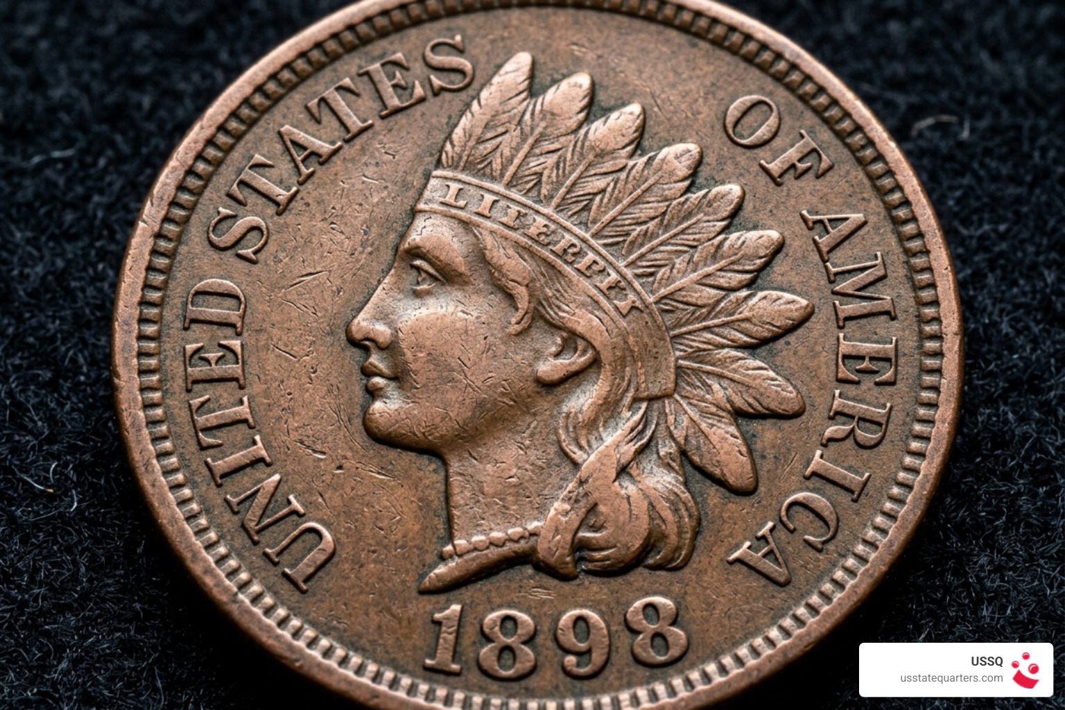 Photorealistic close-up of Lady Liberty in a Native American headdress on an 1898 penny - indian head penny 1898 Photorealistic close-up of Lady Liberty in a Native American headdress on an 1898 penny - indian head penny 1898