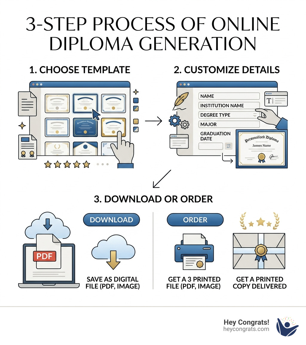 3-step process of online diploma generation: choose template, customize details, download or order - fake diploma generator