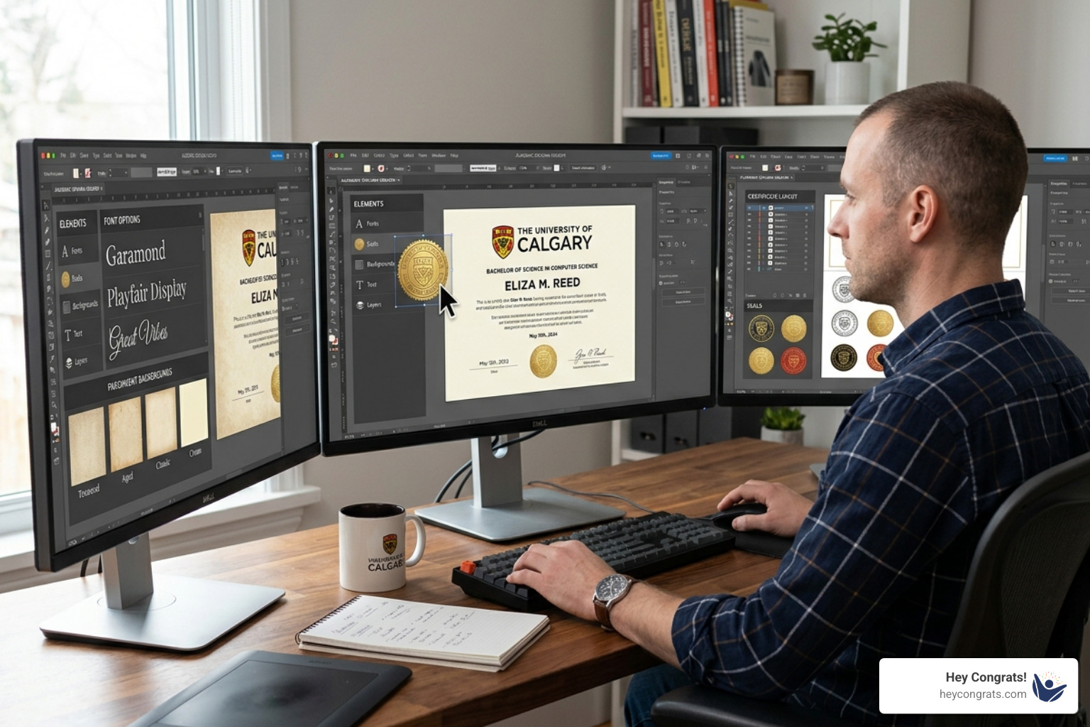 various digital design interfaces showing diploma customization - fake diploma generator free