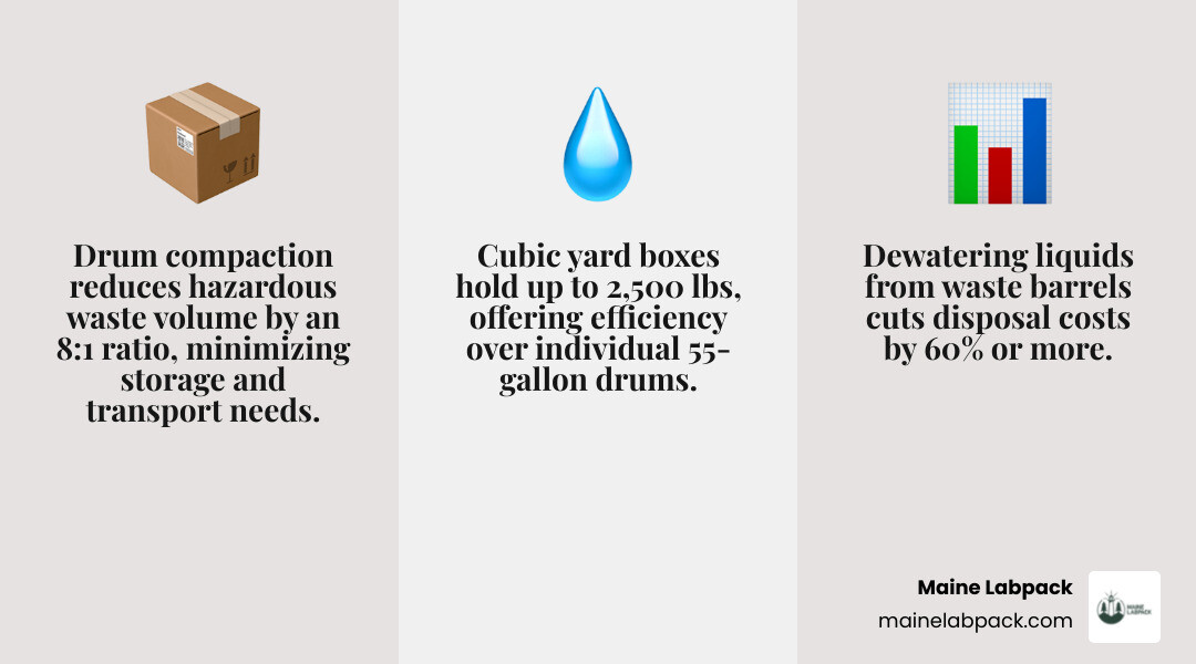 Infographic showing 8 to 1 compaction ratio for hazardous waste drums - hazardous waste barrels infographic Infographic showing 8 to 1 compaction ratio for hazardous waste drums - hazardous waste barrels infographic