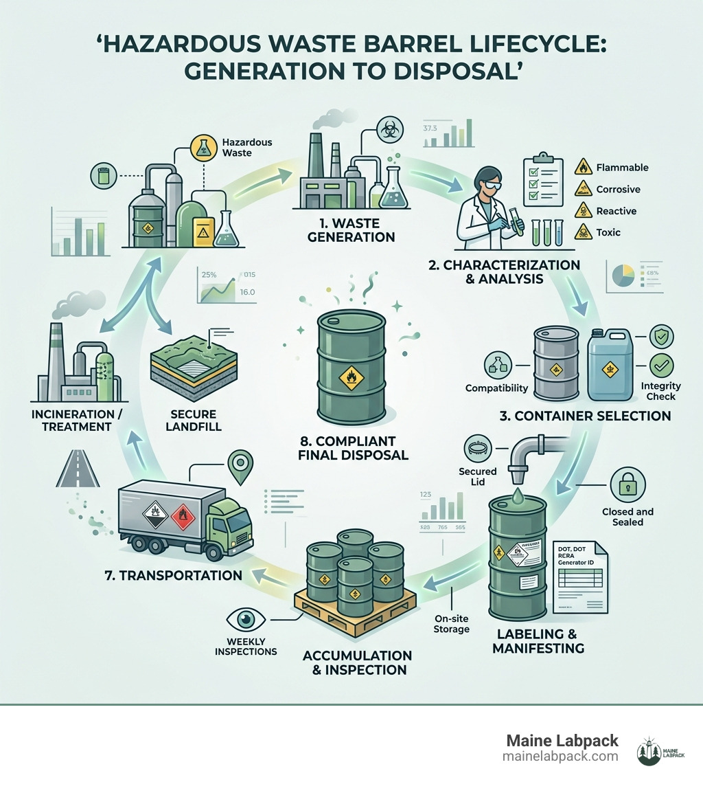 Hazardous waste barrel lifecycle from waste generation to compliant final disposal - hazardous waste barrels infographic Hazardous waste barrel lifecycle from waste generation to compliant final disposal - hazardous waste barrels infographic