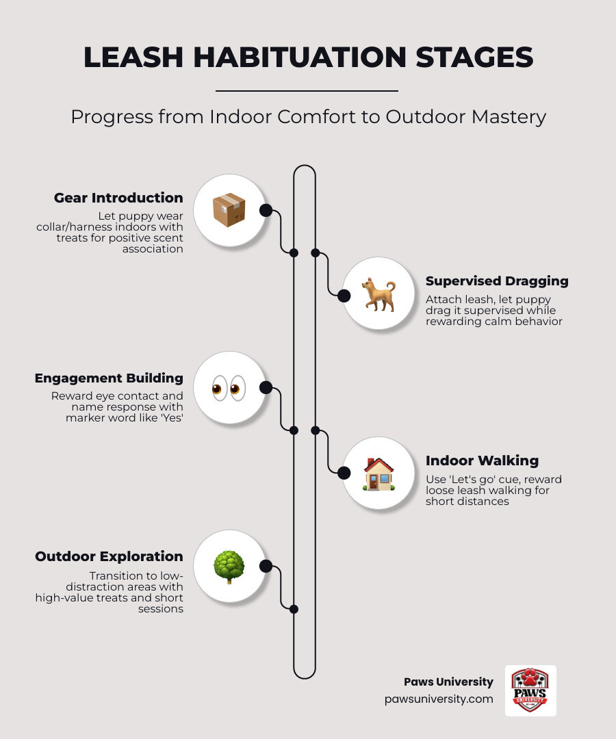 Stages of leash habituation from indoor play to outdoor exploration infographic - teaching a puppy to walk on a leash Stages of leash habituation from indoor play to outdoor exploration infographic - teaching a puppy to walk on a leash