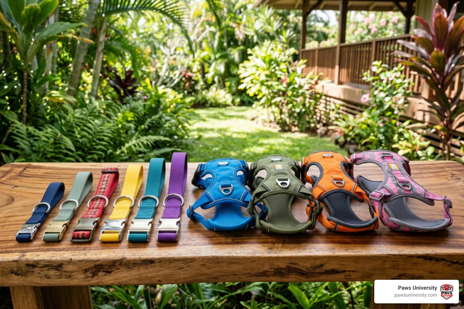 variety of flat collars and front-clip harnesses laid out on a tropical wood bench - teaching a puppy to walk on a leash variety of flat collars and front-clip harnesses laid out on a tropical wood bench - teaching a puppy to walk on a leash
